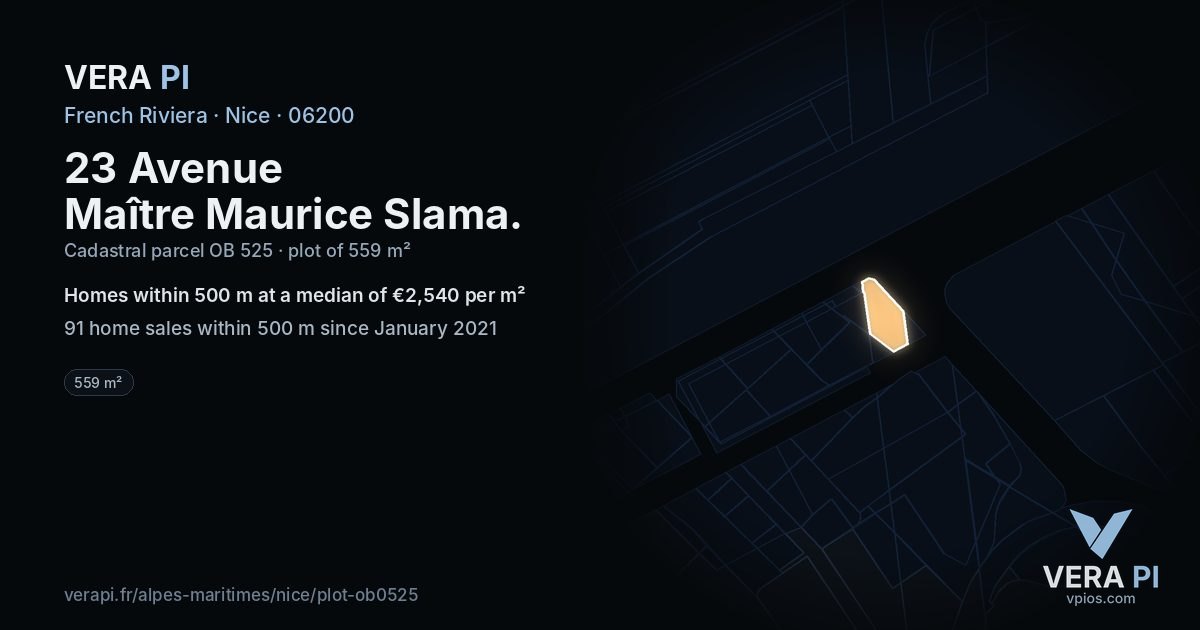23 Avenue Maître Maurice Slama, Nice at night – the plot lit, the parcels around coloured by the prices near them