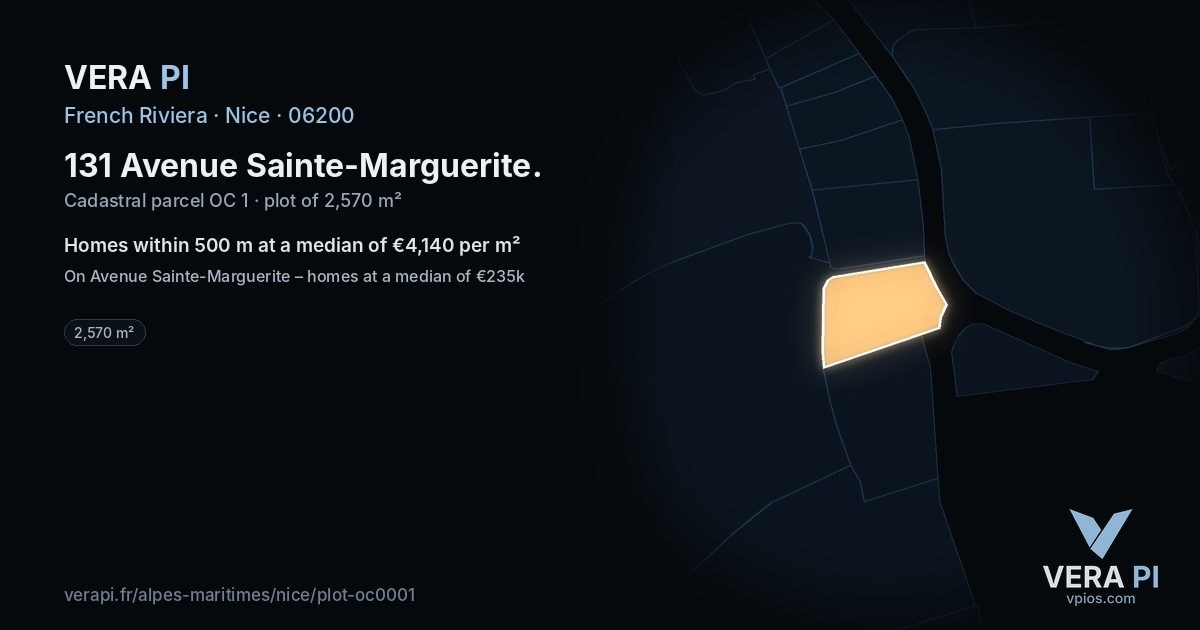 131 Avenue Sainte-Marguerite, Nice at night – the plot lit, the parcels around coloured by the prices near them