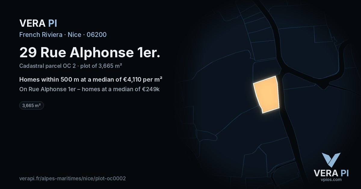 29 Rue Alphonse 1er, Nice at night – the plot lit, the parcels around coloured by the prices near them