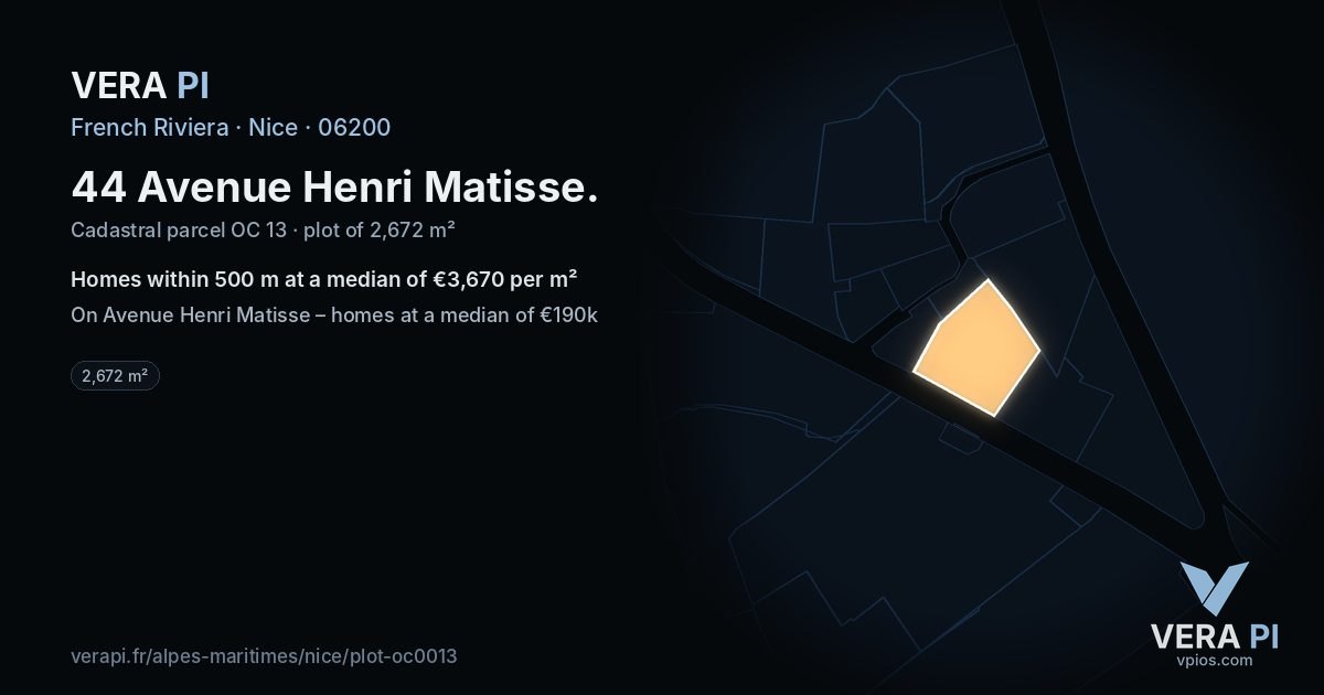 44 Avenue Henri Matisse, Nice at night – the plot lit, the parcels around coloured by the prices near them