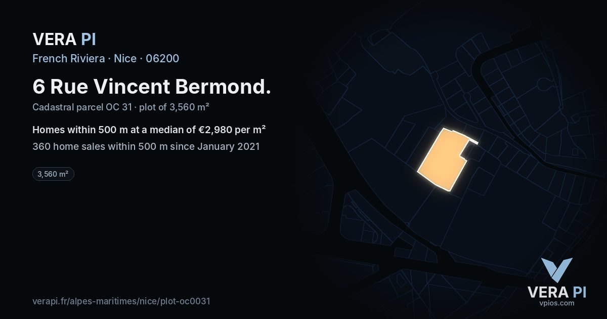 6 Rue Vincent Bermond, Nice at night – the plot lit, the parcels around coloured by the prices near them