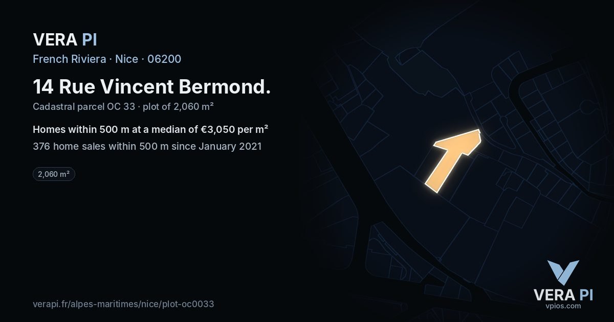 14 Rue Vincent Bermond, Nice at night – the plot lit, the parcels around coloured by the prices near them