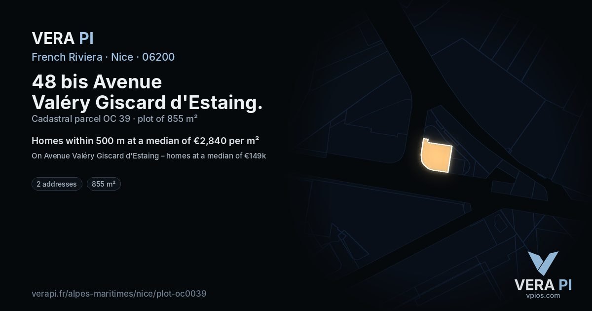 48 bis Avenue Valéry Giscard d'Estaing, Nice at night – the plot lit, the parcels around coloured by the prices near them