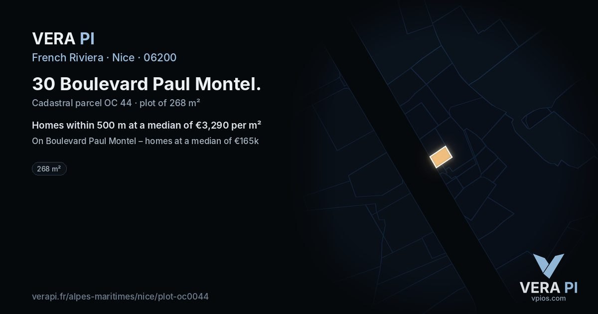 30 Boulevard Paul Montel, Nice at night – the plot lit, the parcels around coloured by the prices near them