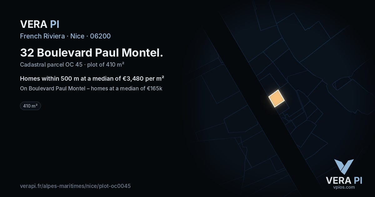 32 Boulevard Paul Montel, Nice at night – the plot lit, the parcels around coloured by the prices near them