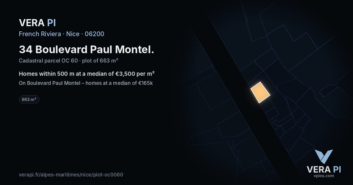 34 Boulevard Paul Montel, Nice at night – the plot lit, the parcels around coloured by the prices near them
