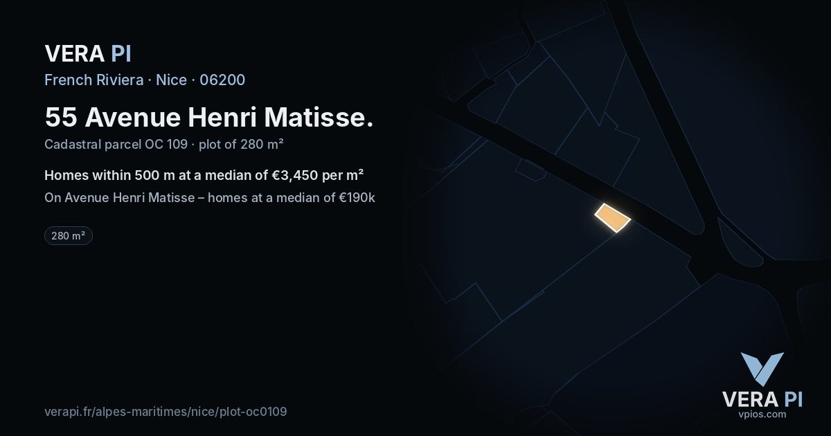 55 Avenue Henri Matisse, Nice at night – the plot lit, the parcels around coloured by the prices near them