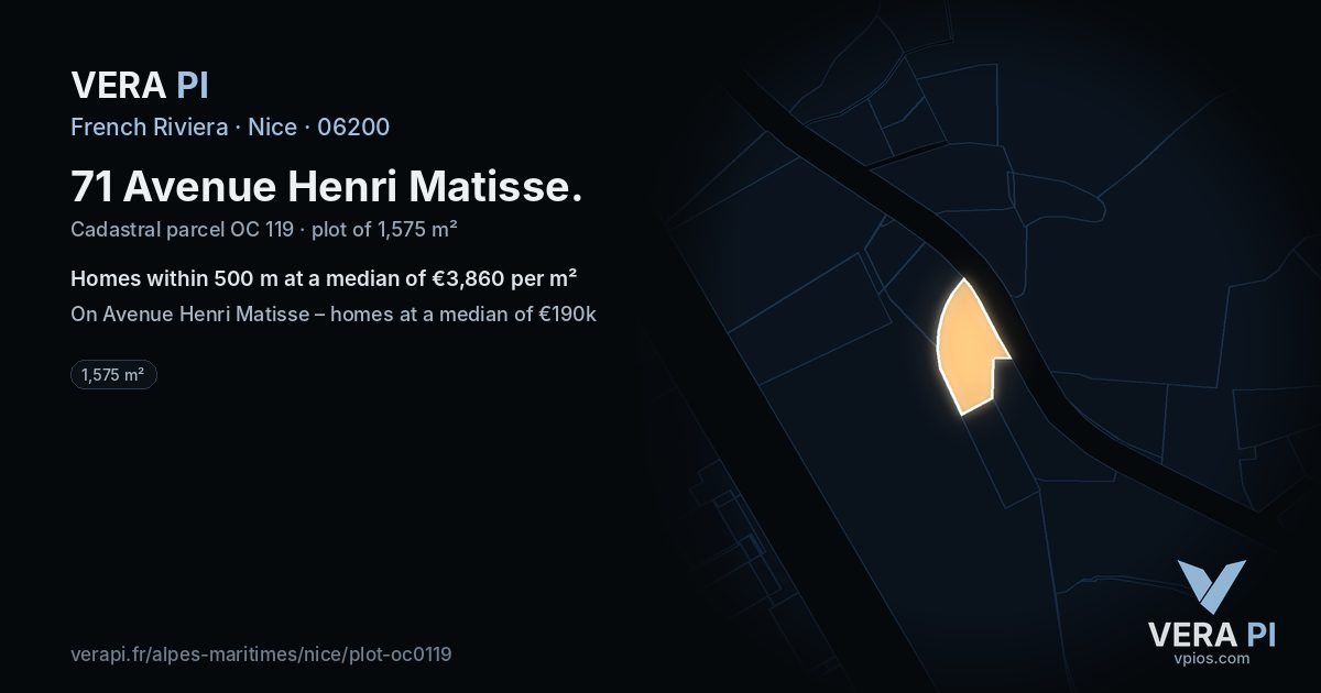 71 Avenue Henri Matisse, Nice at night – the plot lit, the parcels around coloured by the prices near them