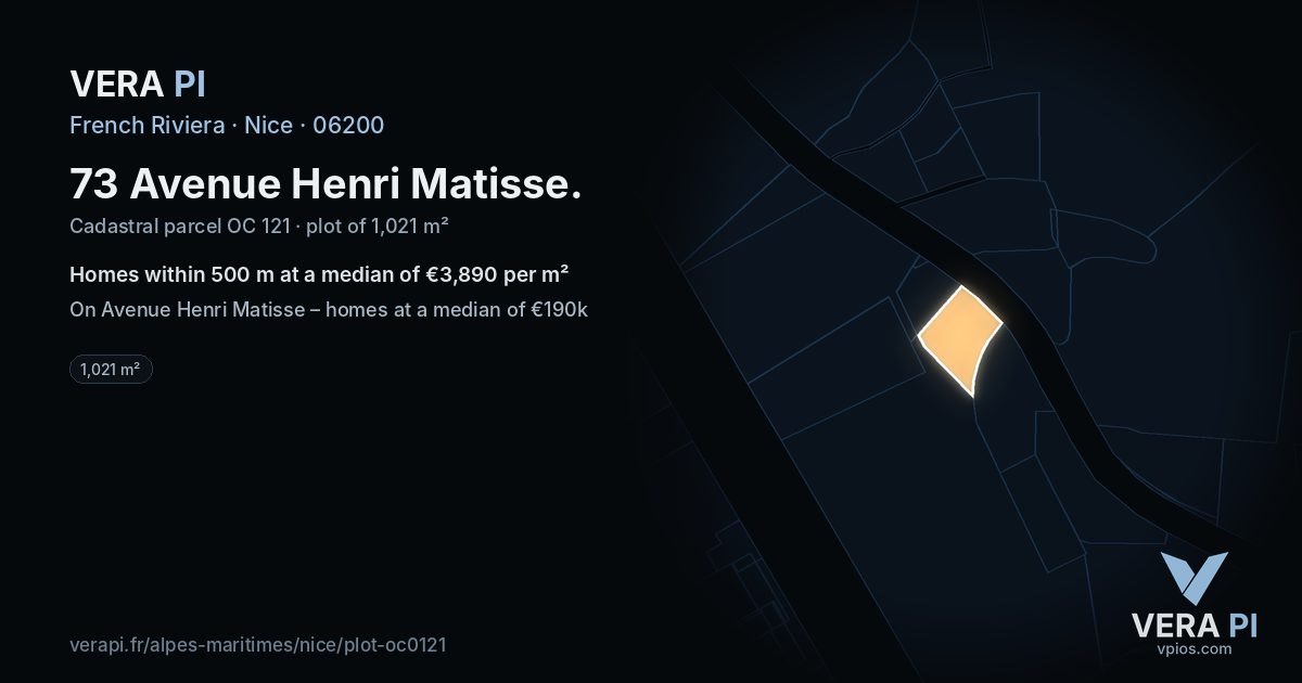 73 Avenue Henri Matisse, Nice at night – the plot lit, the parcels around coloured by the prices near them