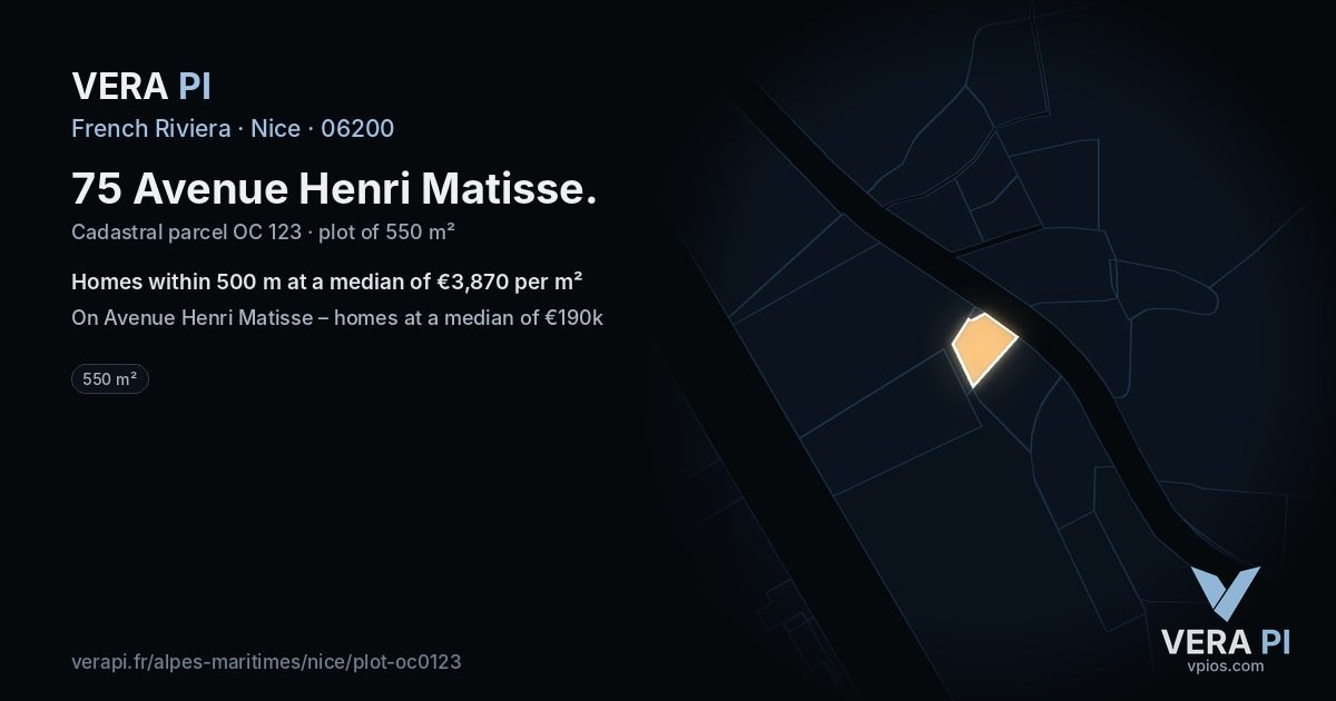 75 Avenue Henri Matisse, Nice at night – the plot lit, the parcels around coloured by the prices near them