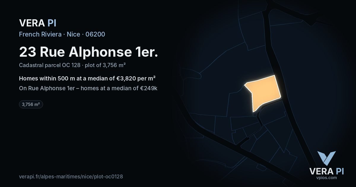23 Rue Alphonse 1er, Nice at night – the plot lit, the parcels around coloured by the prices near them