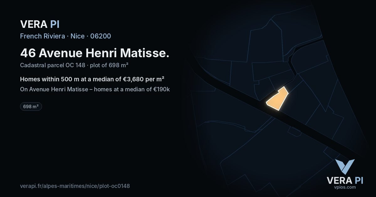 46 Avenue Henri Matisse, Nice at night – the plot lit, the parcels around coloured by the prices near them