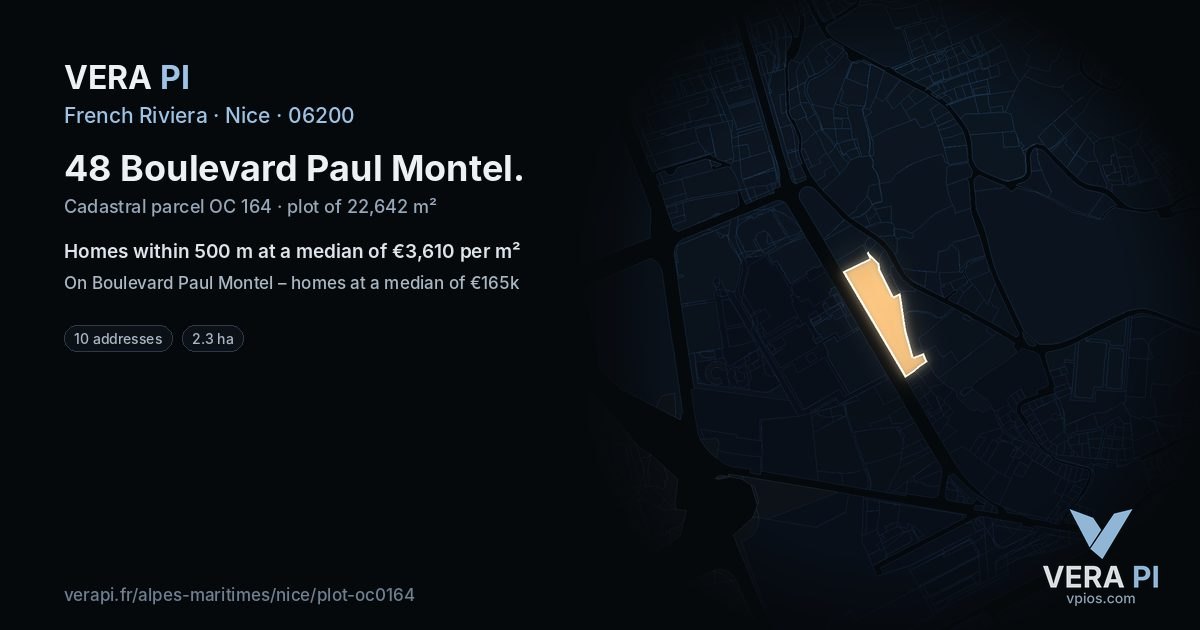 48 Boulevard Paul Montel, Nice at night – the plot lit, the parcels around coloured by the prices near them