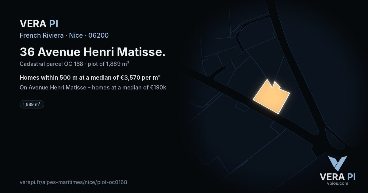 36 Avenue Henri Matisse, Nice at night – the plot lit, the parcels around coloured by the prices near them