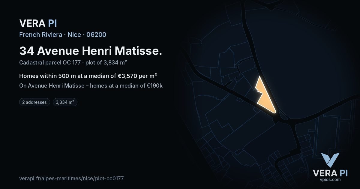 34 Avenue Henri Matisse, Nice at night – the plot lit, the parcels around coloured by the prices near them