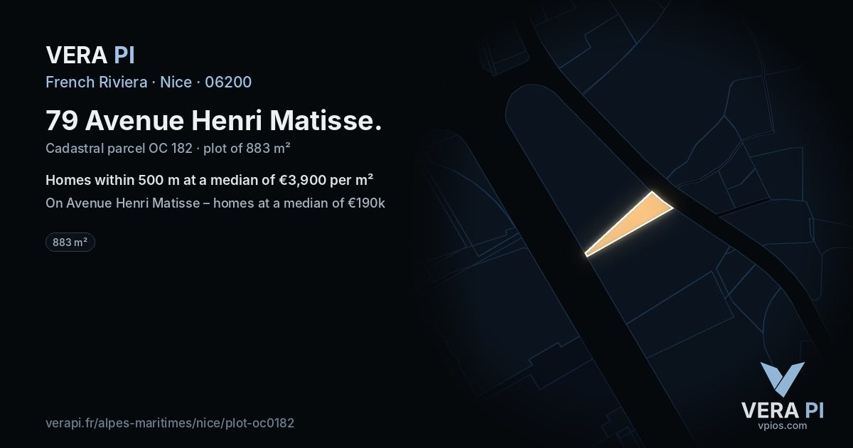 79 Avenue Henri Matisse, Nice at night – the plot lit, the parcels around coloured by the prices near them