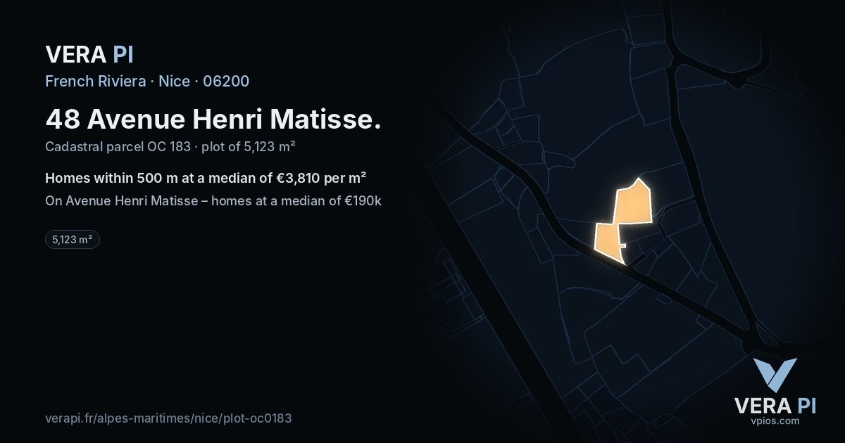 48 Avenue Henri Matisse, Nice at night – the plot lit, the parcels around coloured by the prices near them