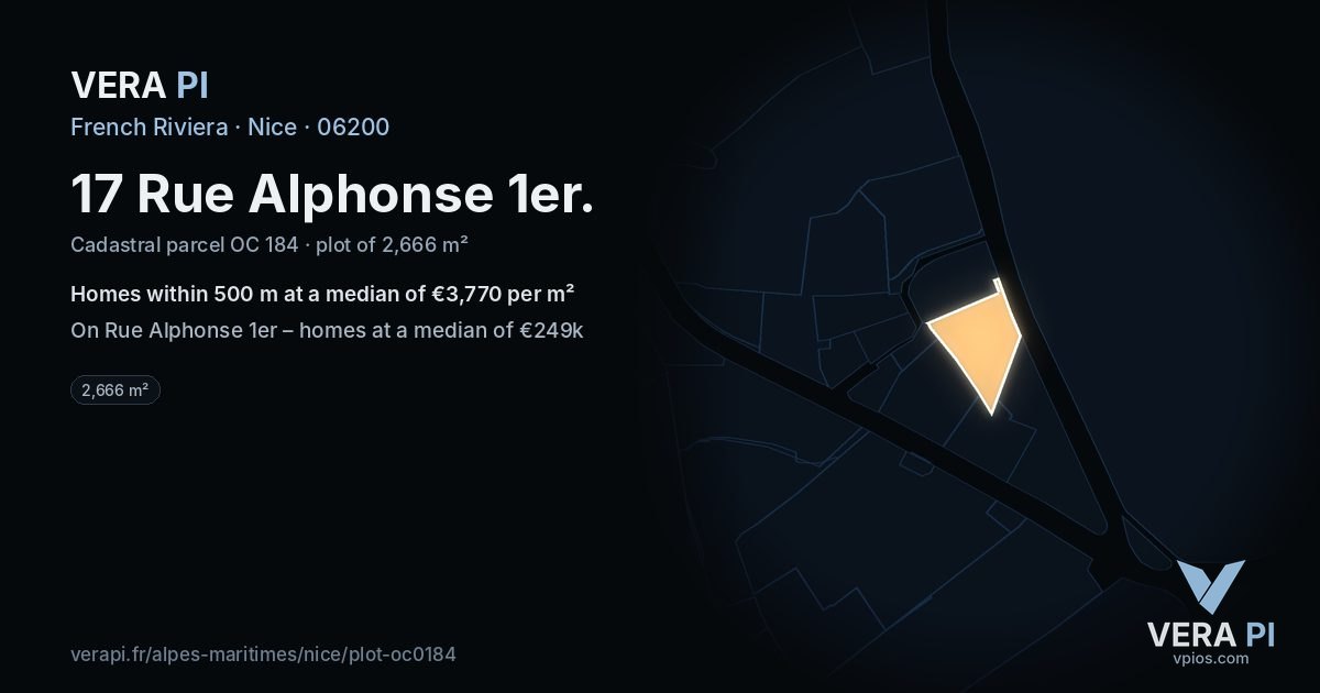17 Rue Alphonse 1er, Nice at night – the plot lit, the parcels around coloured by the prices near them