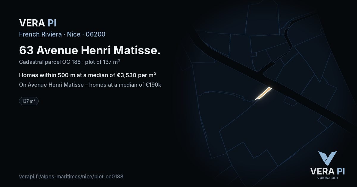 63 Avenue Henri Matisse, Nice at night – the plot lit, the parcels around coloured by the prices near them