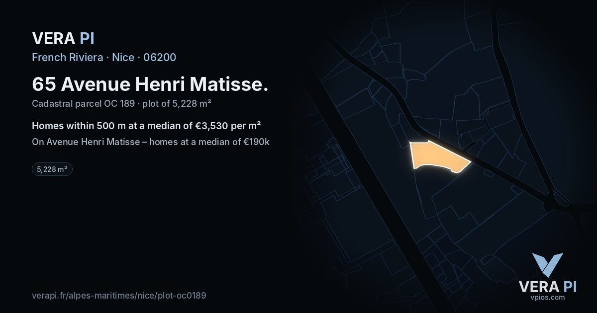 65 Avenue Henri Matisse, Nice at night – the plot lit, the parcels around coloured by the prices near them