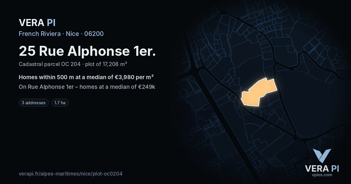25 Rue Alphonse 1er, Nice at night – the plot lit, the parcels around coloured by the prices near them
