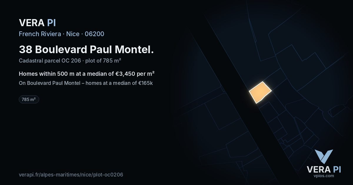 38 Boulevard Paul Montel, Nice at night – the plot lit, the parcels around coloured by the prices near them