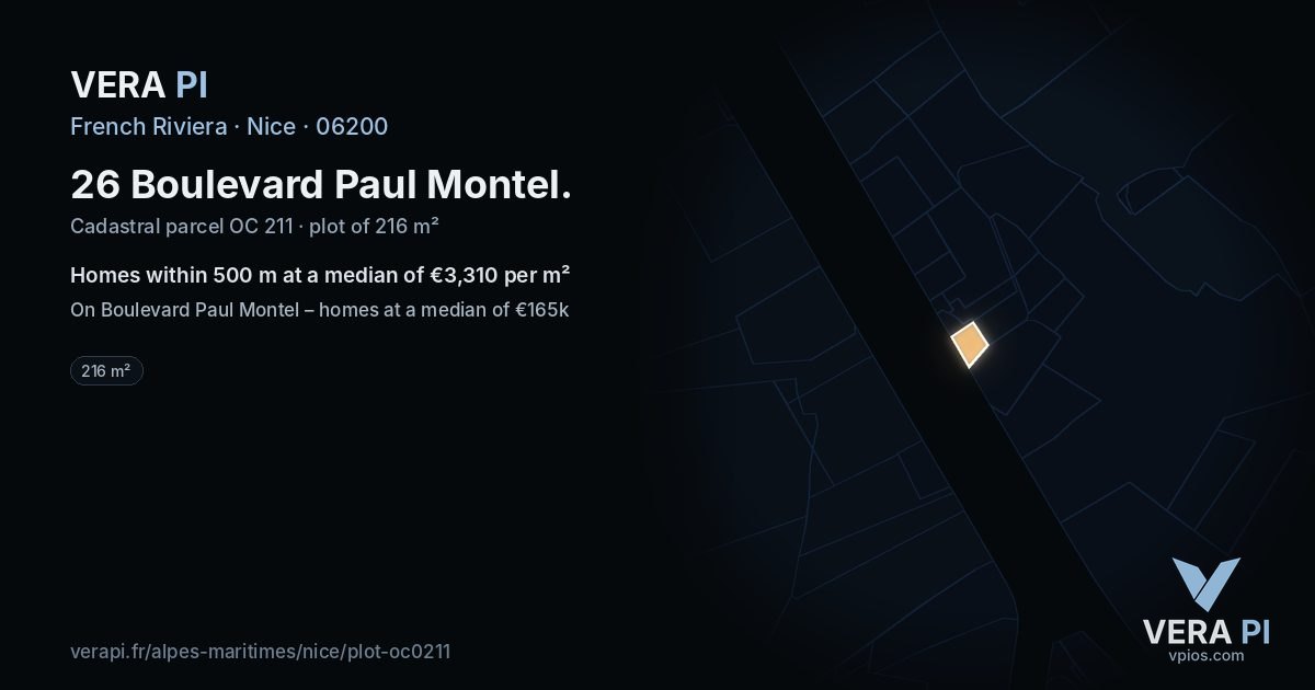 26 Boulevard Paul Montel, Nice at night – the plot lit, the parcels around coloured by the prices near them