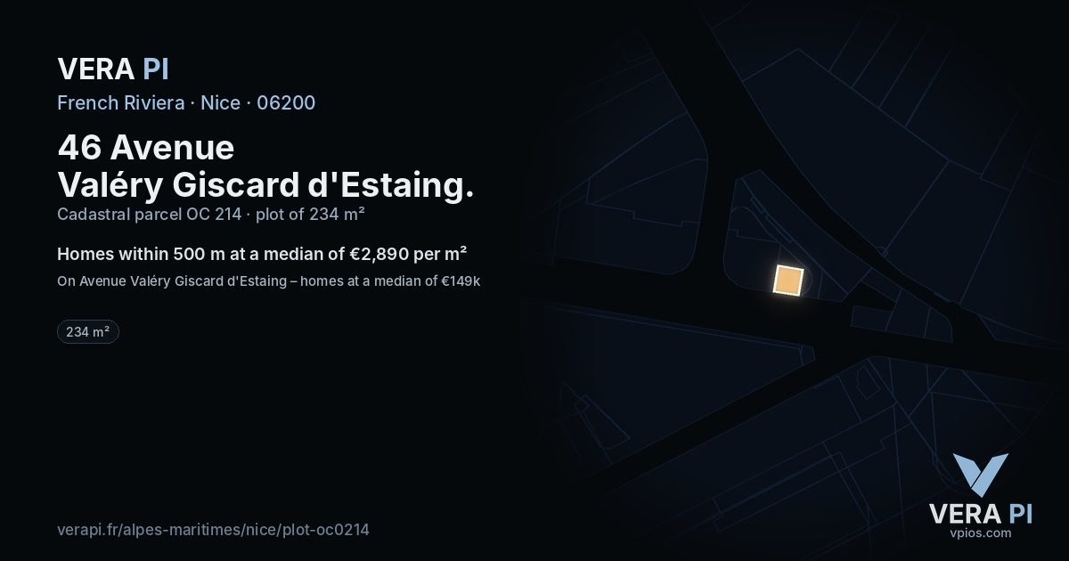 46 Avenue Valéry Giscard d'Estaing, Nice at night – the plot lit, the parcels around coloured by the prices near them