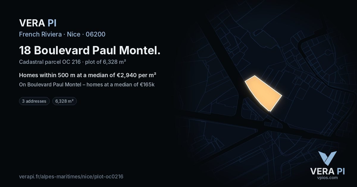 18 Boulevard Paul Montel, Nice at night – the plot lit, the parcels around coloured by the prices near them
