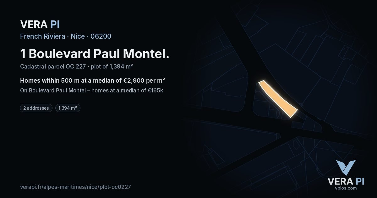 1 Boulevard Paul Montel, Nice at night – the plot lit, the parcels around coloured by the prices near them