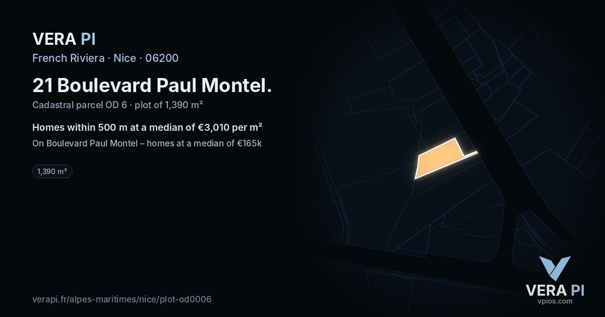 21 Boulevard Paul Montel, Nice at night – the plot lit, the parcels around coloured by the prices near them