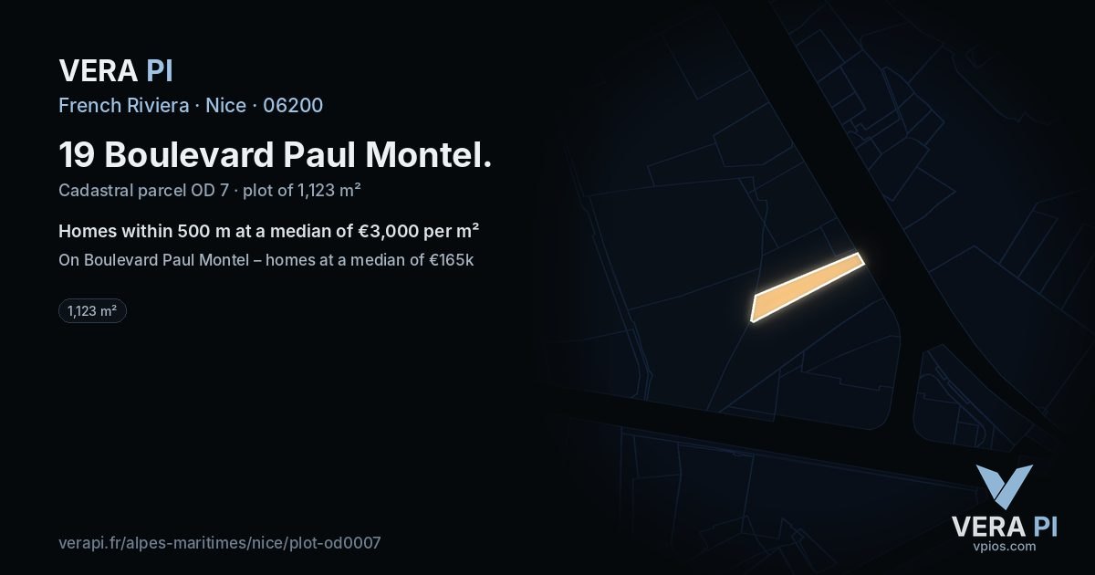 19 Boulevard Paul Montel, Nice at night – the plot lit, the parcels around coloured by the prices near them