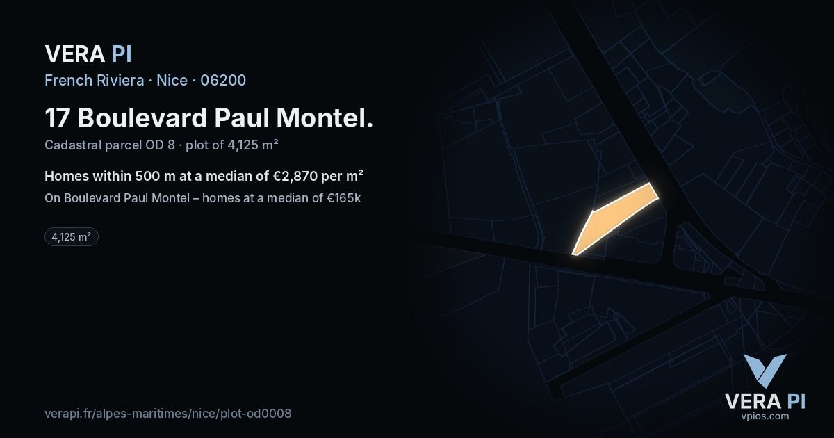 17 Boulevard Paul Montel, Nice at night – the plot lit, the parcels around coloured by the prices near them