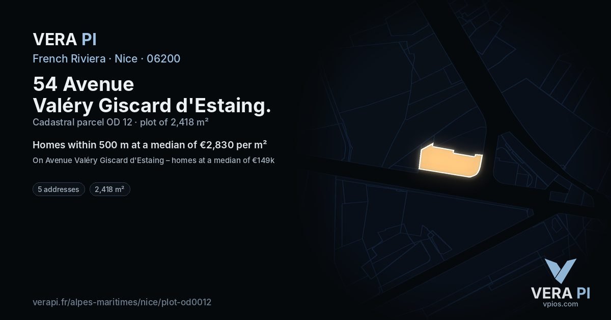 54 Avenue Valéry Giscard d'Estaing, Nice at night – the plot lit, the parcels around coloured by the prices near them