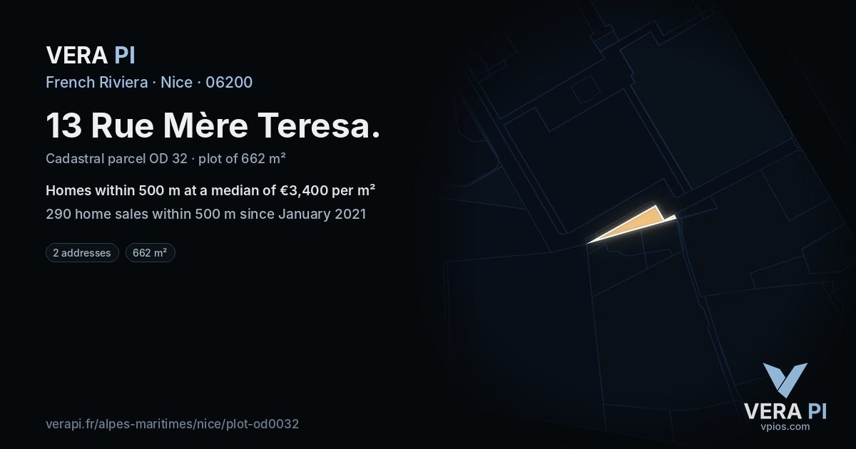 13 Rue Mère Teresa, Nice at night – the plot lit, the parcels around coloured by the prices near them