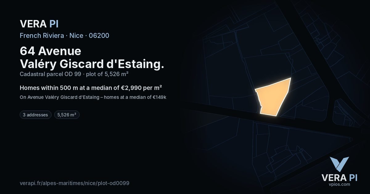 64 Avenue Valéry Giscard d'Estaing, Nice at night – the plot lit, the parcels around coloured by the prices near them