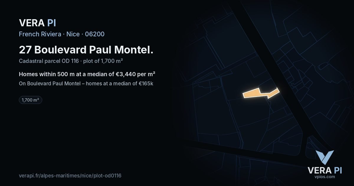 27 Boulevard Paul Montel, Nice at night – the plot lit, the parcels around coloured by the prices near them