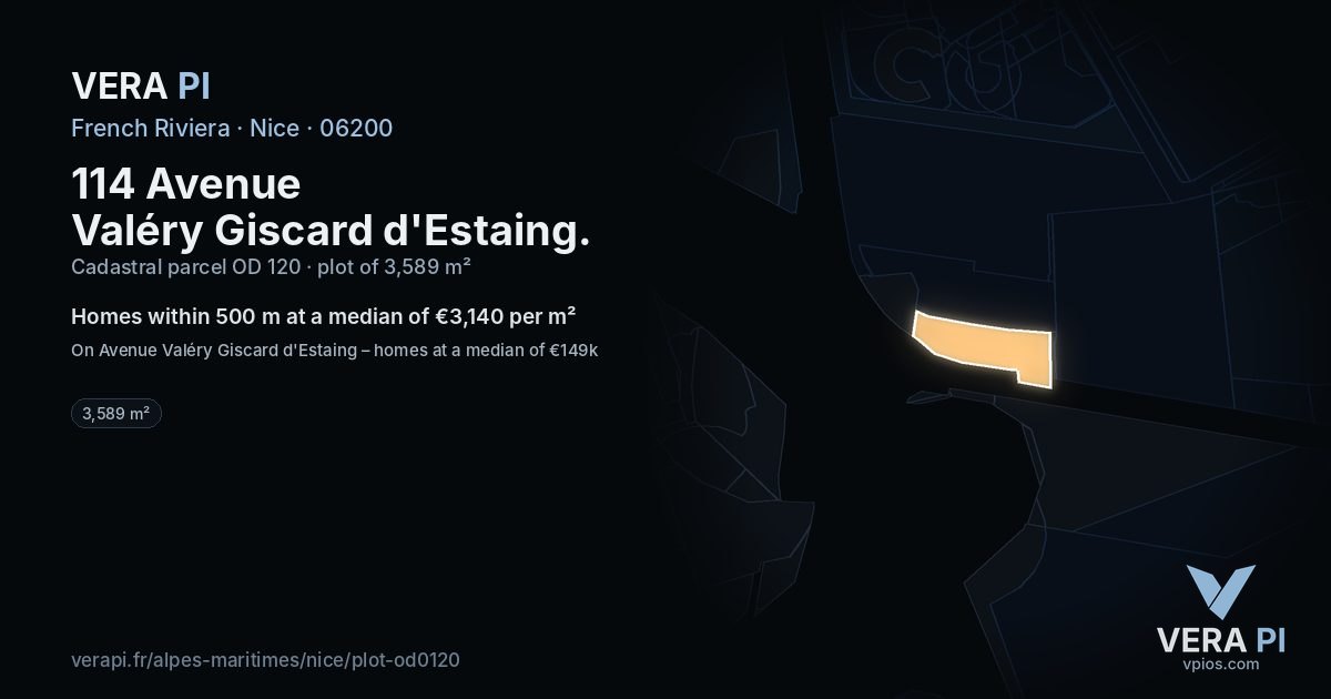 114 Avenue Valéry Giscard d'Estaing, Nice at night – the plot lit, the parcels around coloured by the prices near them
