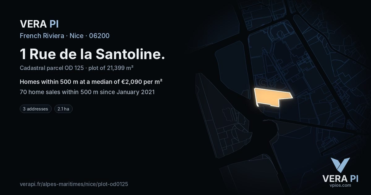 1 Rue de la Santoline, Nice at night – the plot lit, the parcels around coloured by the prices near them