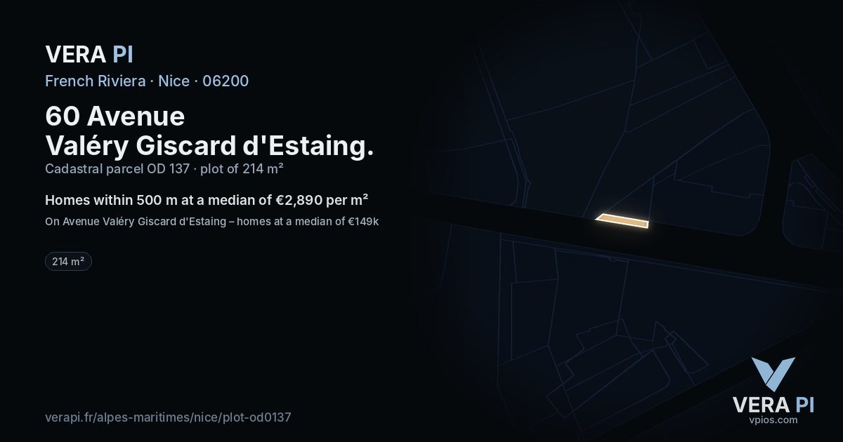 60 Avenue Valéry Giscard d'Estaing, Nice at night – the plot lit, the parcels around coloured by the prices near them