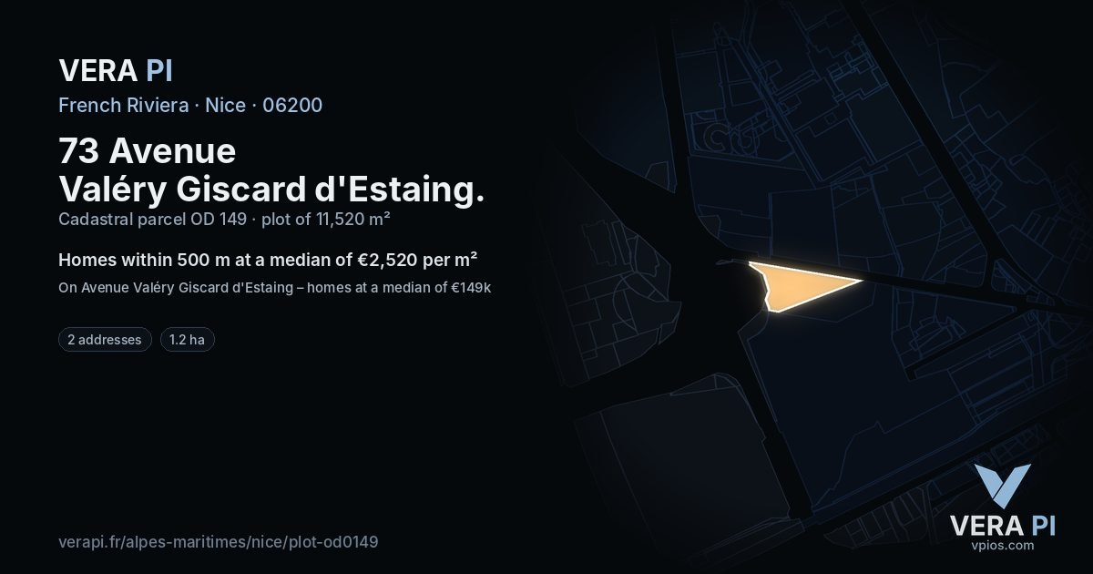 73 Avenue Valéry Giscard d'Estaing, Nice at night – the plot lit, the parcels around coloured by the prices near them
