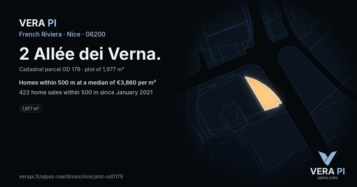 2 Allée dei Verna, Nice at night – the plot lit, the parcels around coloured by the prices near them