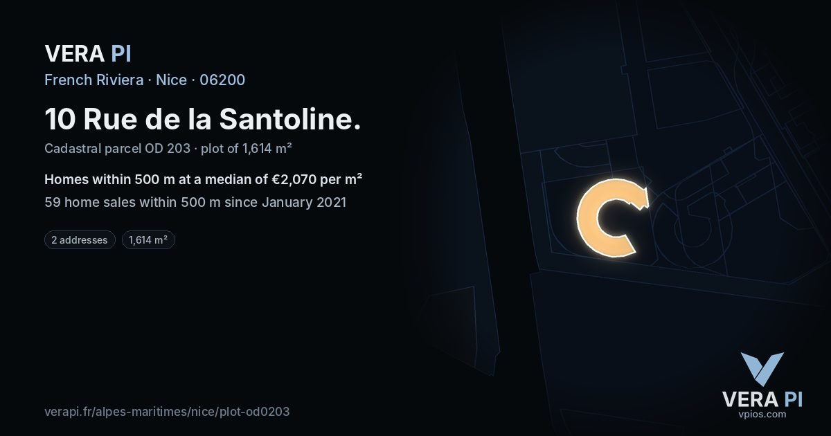 10 Rue de la Santoline, Nice at night – the plot lit, the parcels around coloured by the prices near them