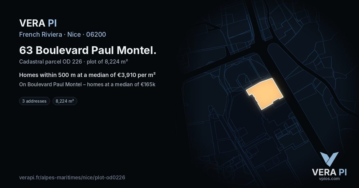 63 Boulevard Paul Montel, Nice at night – the plot lit, the parcels around coloured by the prices near them