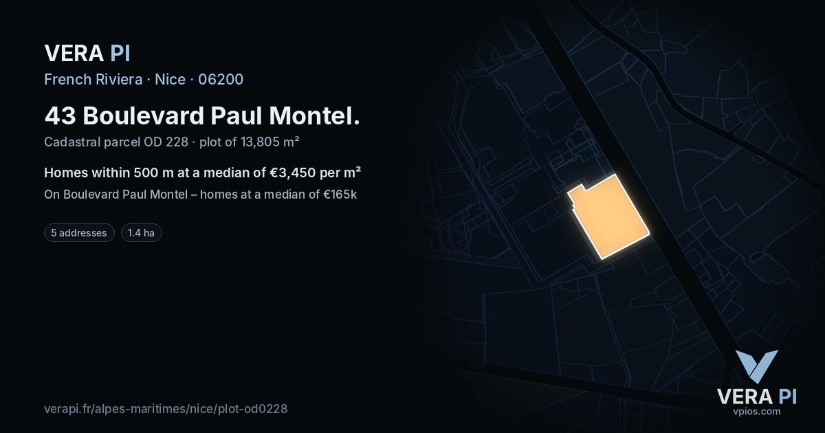 43 Boulevard Paul Montel, Nice at night – the plot lit, the parcels around coloured by the prices near them