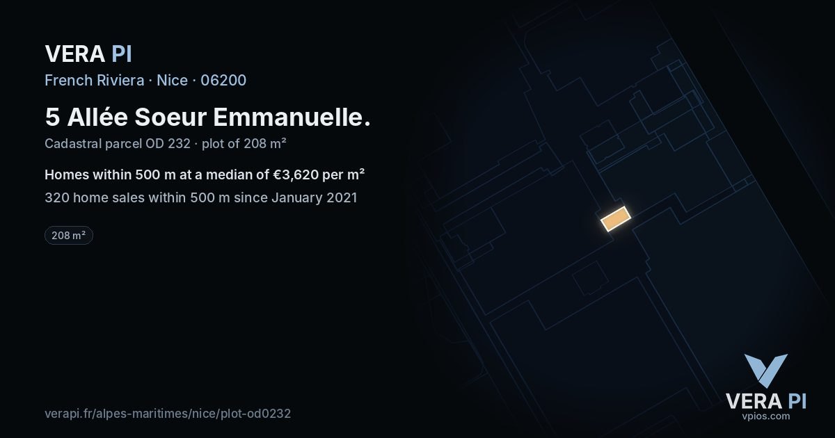 5 Allée Soeur Emmanuelle, Nice at night – the plot lit, the parcels around coloured by the prices near them
