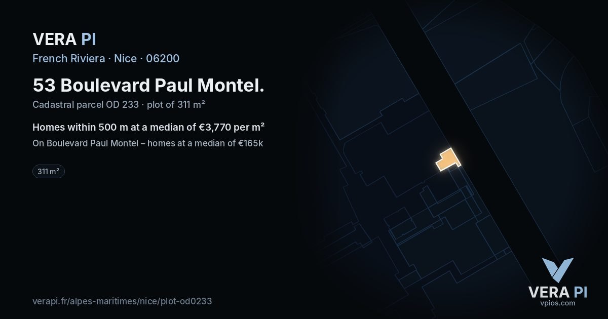 53 Boulevard Paul Montel, Nice at night – the plot lit, the parcels around coloured by the prices near them