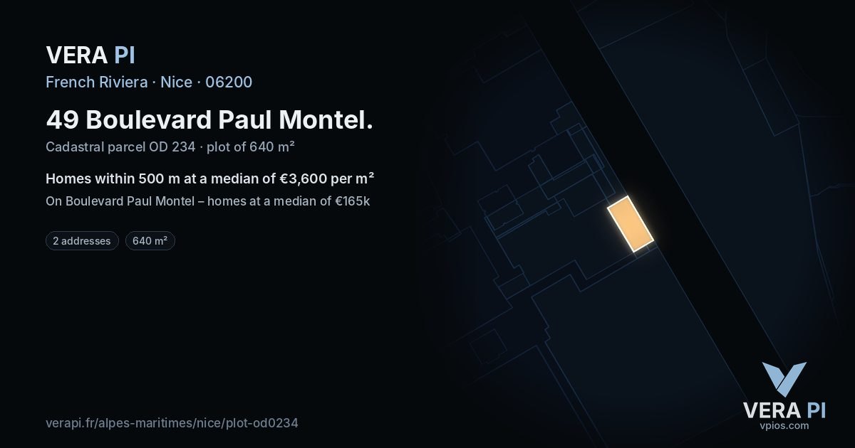 49 Boulevard Paul Montel, Nice at night – the plot lit, the parcels around coloured by the prices near them