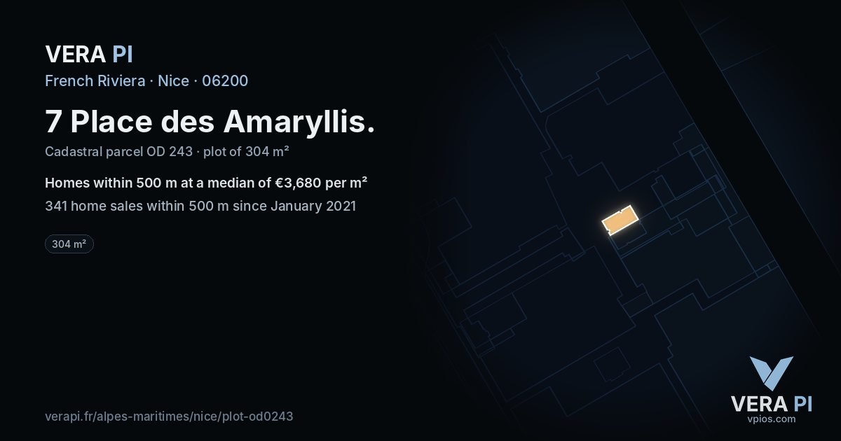 7 Place des Amaryllis, Nice at night – the plot lit, the parcels around coloured by the prices near them
