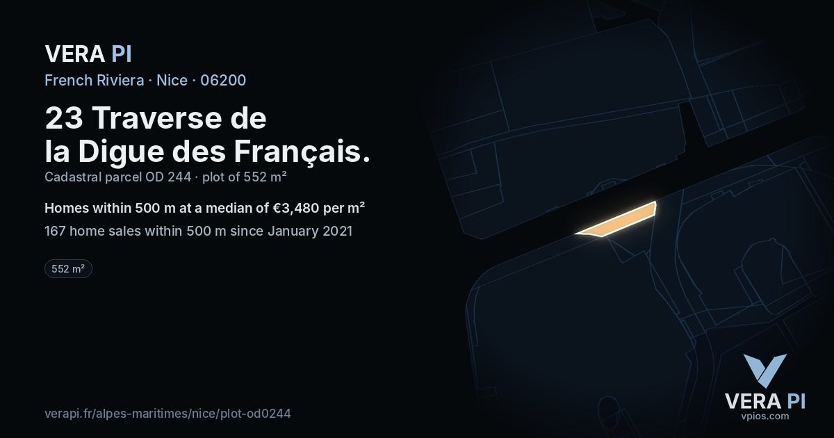 23 Traverse de la Digue des Français, Nice at night – the plot lit, the parcels around coloured by the prices near them